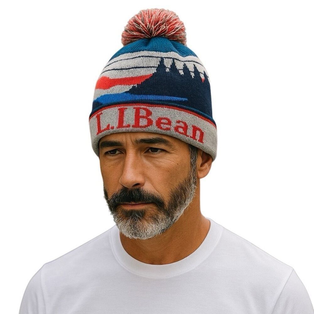 L.L Bean Vibrant Red/ Blue Katahdin Pom Graphic Knit Beanie Cap Retro Unisex